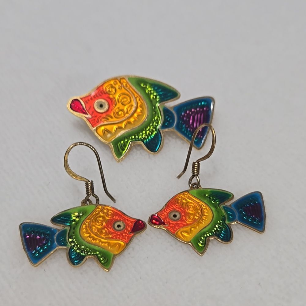 Colorful Fish Earrings And Pin Set